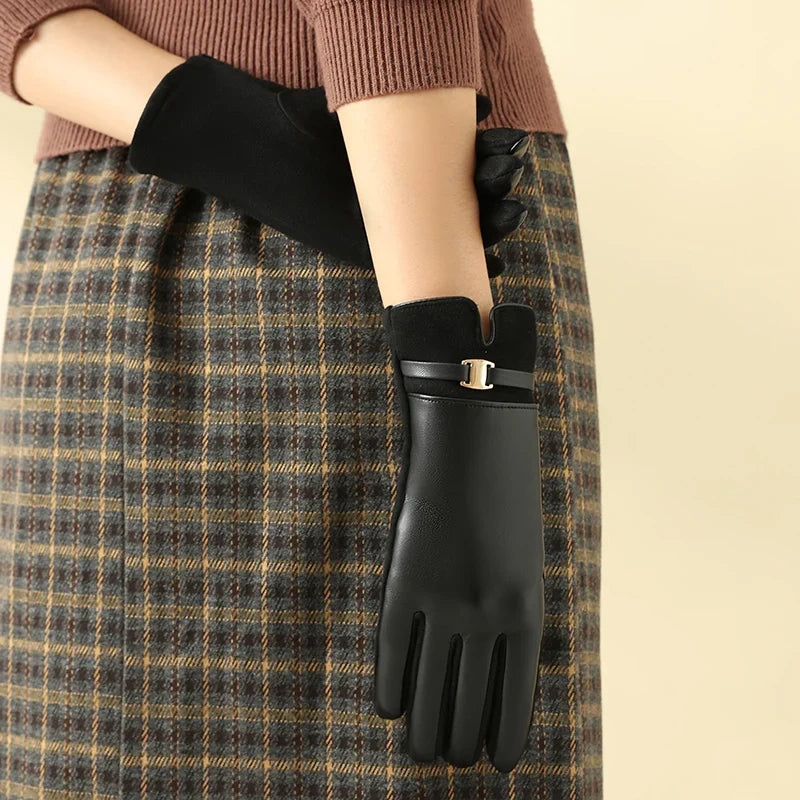 Fashionable women's elegant leather gloves, ideal for winter accessories & touchscreen use.