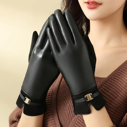 Premium women's elegant leather winter gloves, offering both warmth & touchscreen functionality.