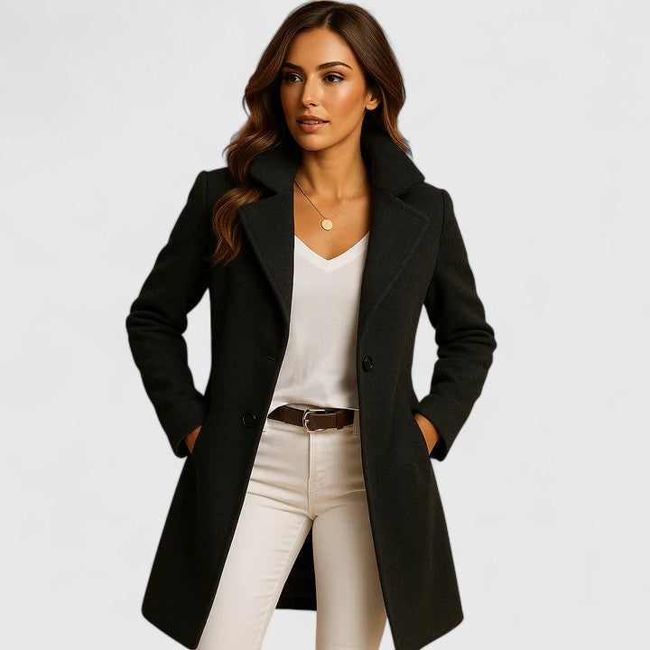 Elegant women's black long coat, a sophisticated classic winter outerwear, perfect for fall fashion & versatile styling.