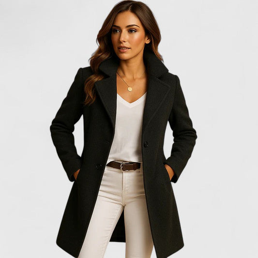 Elegant women's black long coat, a sophisticated classic winter outerwear, perfect for fall fashion & versatile styling.