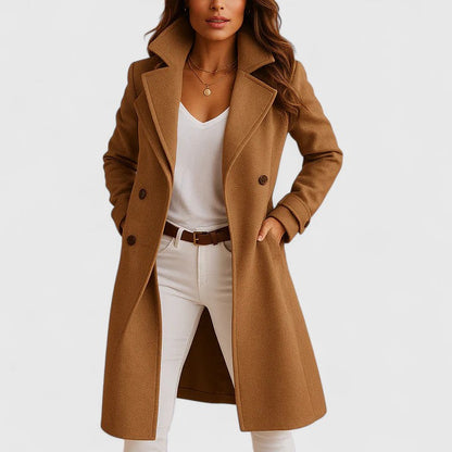 Sophisticated women's elegant coat. Classic long outerwear, ideal for fall & winter fashion in black, gray, or camel.