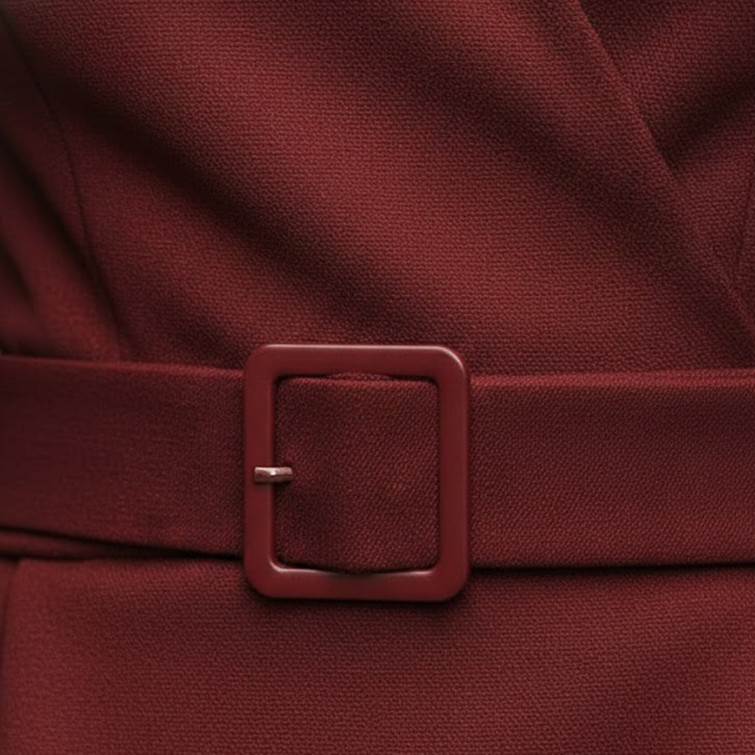 Sophisticated red women's pencil dress, mock wrap detailing, three-quarter sleeves, perfect for work.