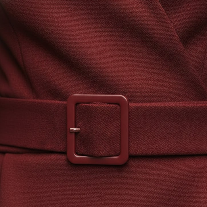 Sophisticated red women's pencil dress, mock wrap detailing, three-quarter sleeves, perfect for work.