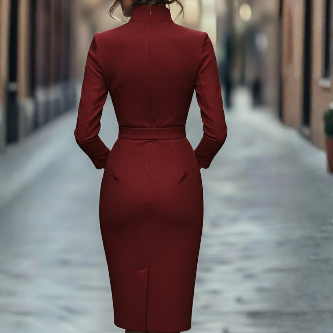 Professional navy women's fitted pencil dress featuring a chic mock wrap & three-quarter sleeves.
