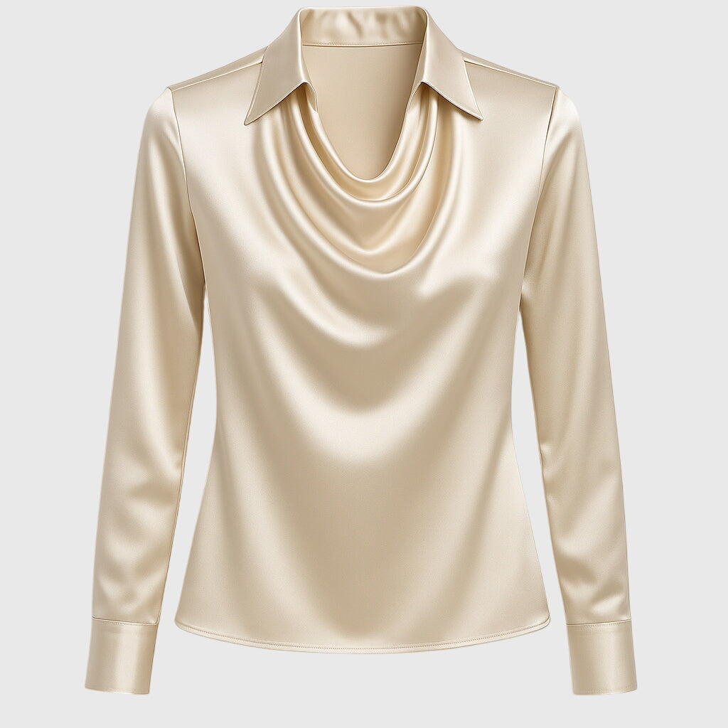 Elegant women's black blouse. Features a pleated neckline & flowing fit for sophisticated chic style.