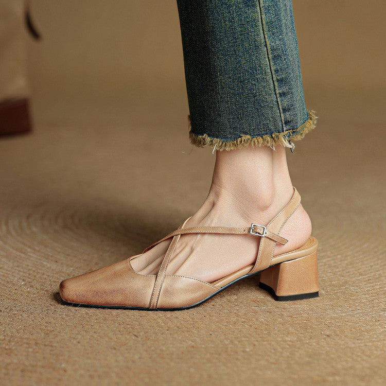 Chic beige women's block heels, comfortable and elegant dress shoes featuring an adjustable strap.
