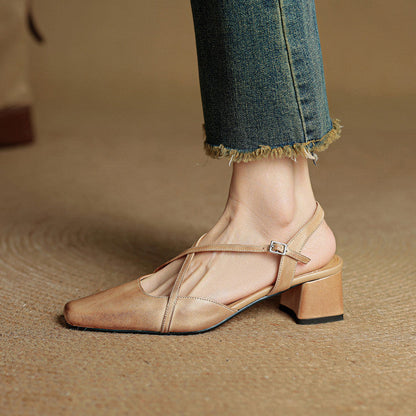Chic beige women's block heels, comfortable and elegant dress shoes featuring an adjustable strap.