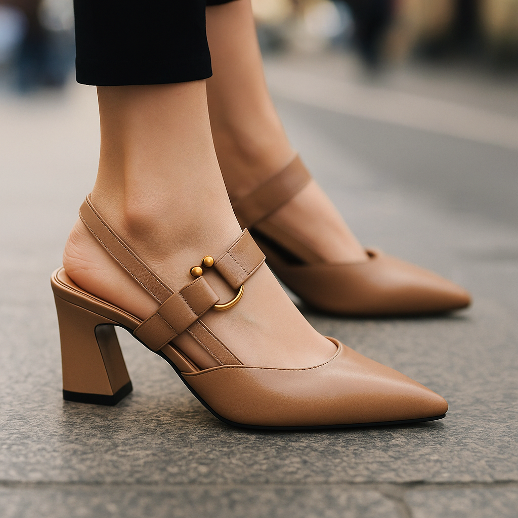 Stylish women's party heels: elegant block heels with ring accent & dual straps, pointed toe.