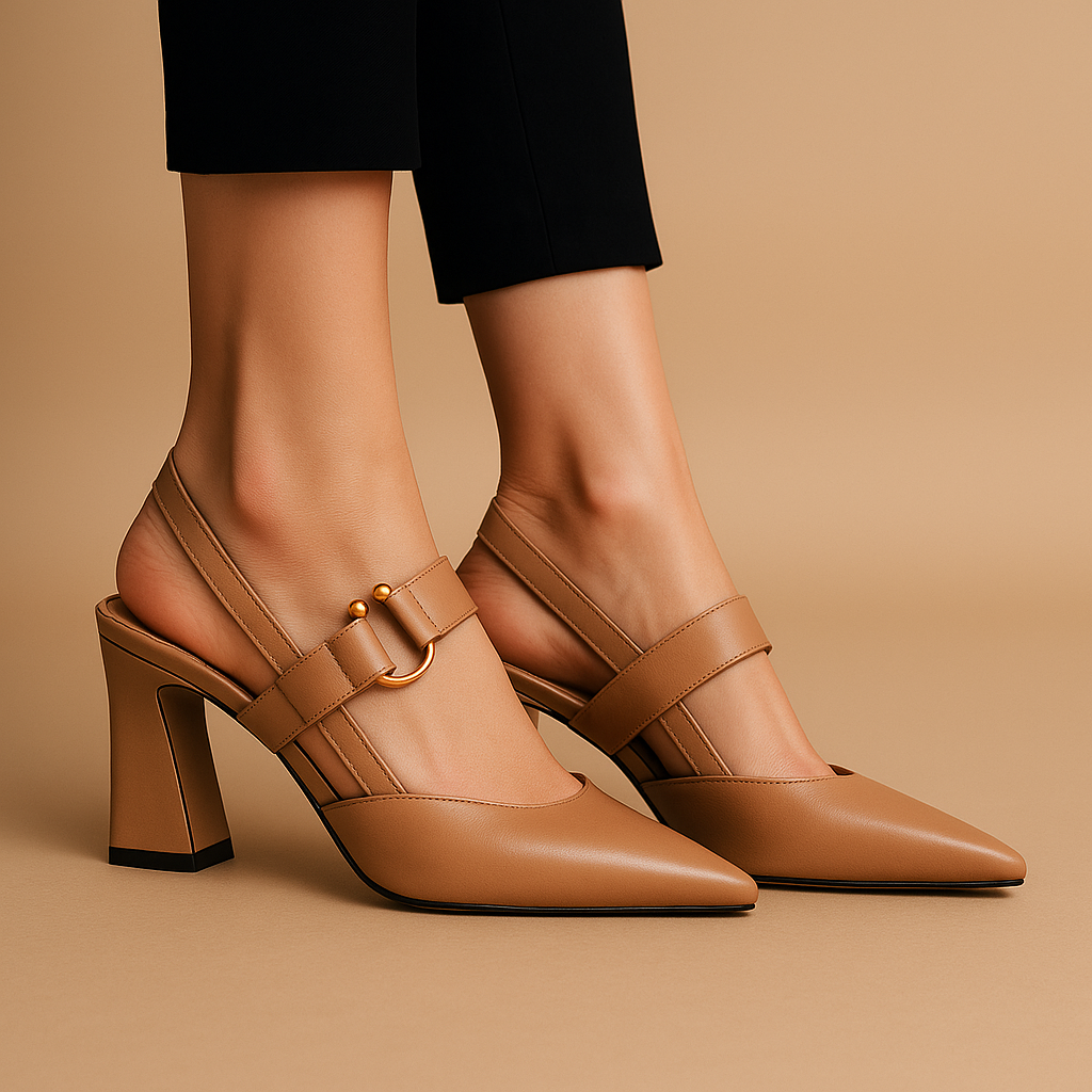 Fashionable women's block heels: elegant pointed toe, dual strap & decorative ring accent for style.