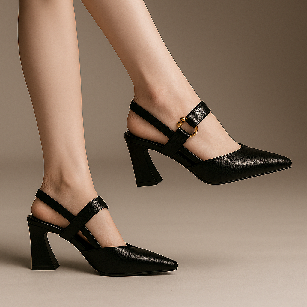 Chic women's block heels with elegant ring accent, pointed toe & dual strap, perfect for occasions.