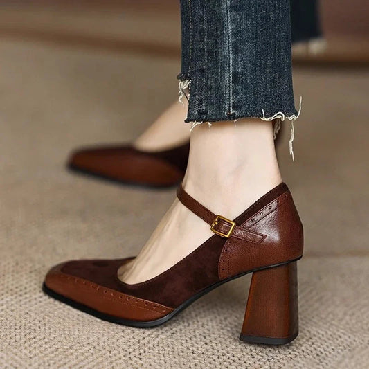 Elegant women's block heels with vintage charm, offering all-day comfort. Perfect versatile work or evening wear.