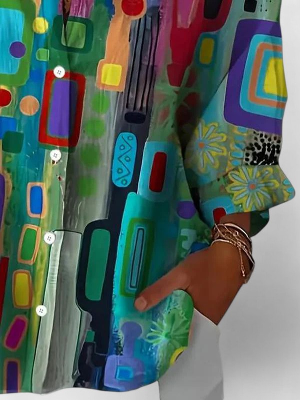 Women's sophisticated geometric pattern blouse. Elegant long-sleeve top, ideal for chic office or versatile casual wear.