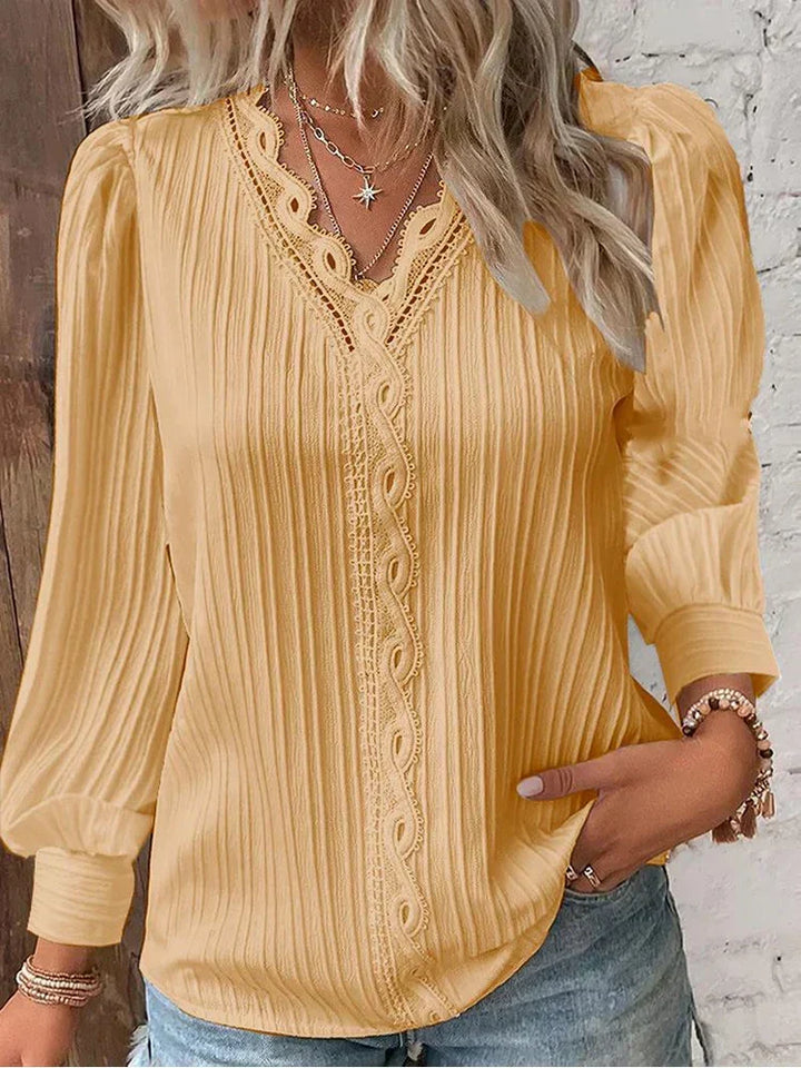 Delicate lace accent women's blouse, a comfortable & feminine shirt for elegant spring & summer fashion.
