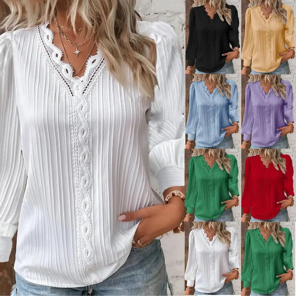 Elegant women's blouse with intricate lace accents, perfect for stylish spring and summer outfits.
