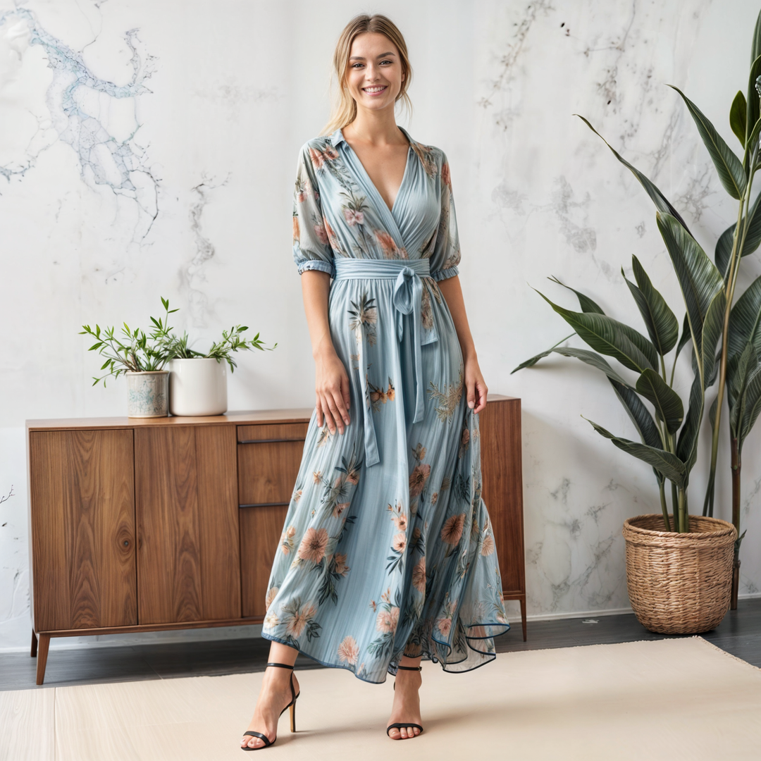 Feminine blue floral maxi wrap dress for women, featuring a V-neck and puff sleeves, ideal as a wedding guest dress.