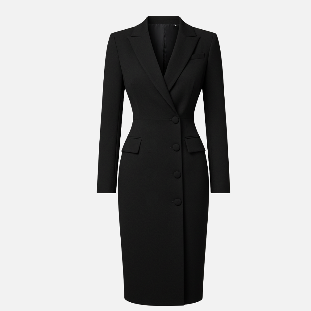 Flattering women's elegant bodycon midi dress with a sleek blazer front. Ideal formal wear for evenings & events.