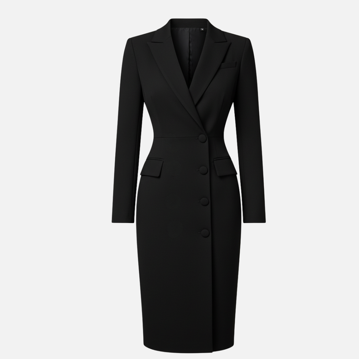 Flattering women's elegant bodycon midi dress with a sleek blazer front. Ideal formal wear for evenings & events.