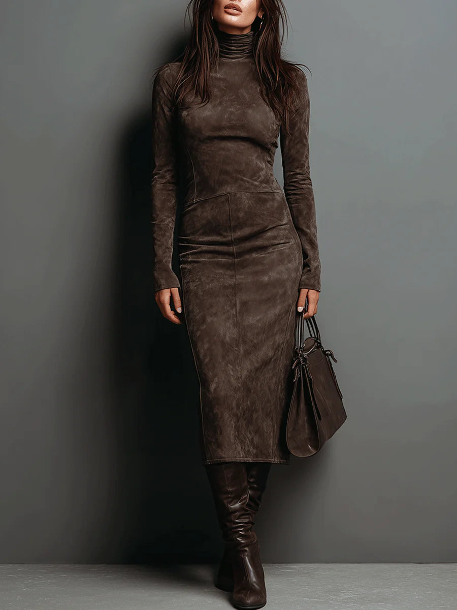 Elegant women's bodycon midi dress with turtleneck & long sleeves, perfect for semi-formal fall/winter occasions.