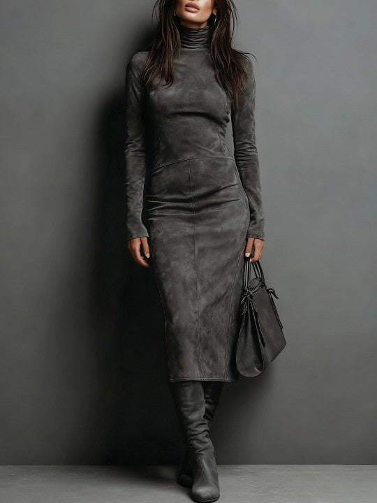 Sophisticated bodycon midi dress for women, featuring a chic turtleneck and long sleeves for an elegant silhouette.