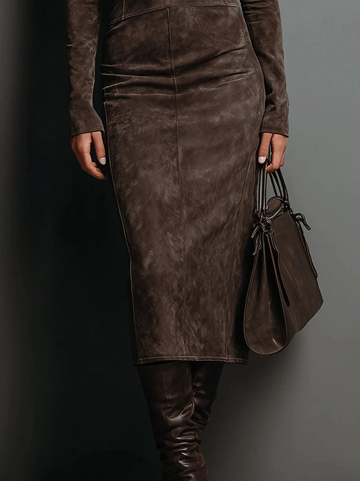 Chic women's bodycon midi dress, long sleeve turtleneck style, perfect for elegant semi-formal and sophisticated occasions.