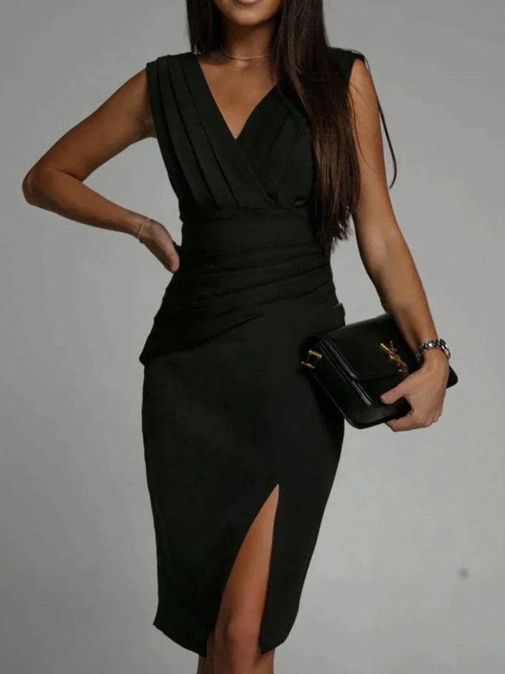 Figure-hugging women's bodycon midi dress, elegant V-neck & stylish side slit. Perfect for date night.