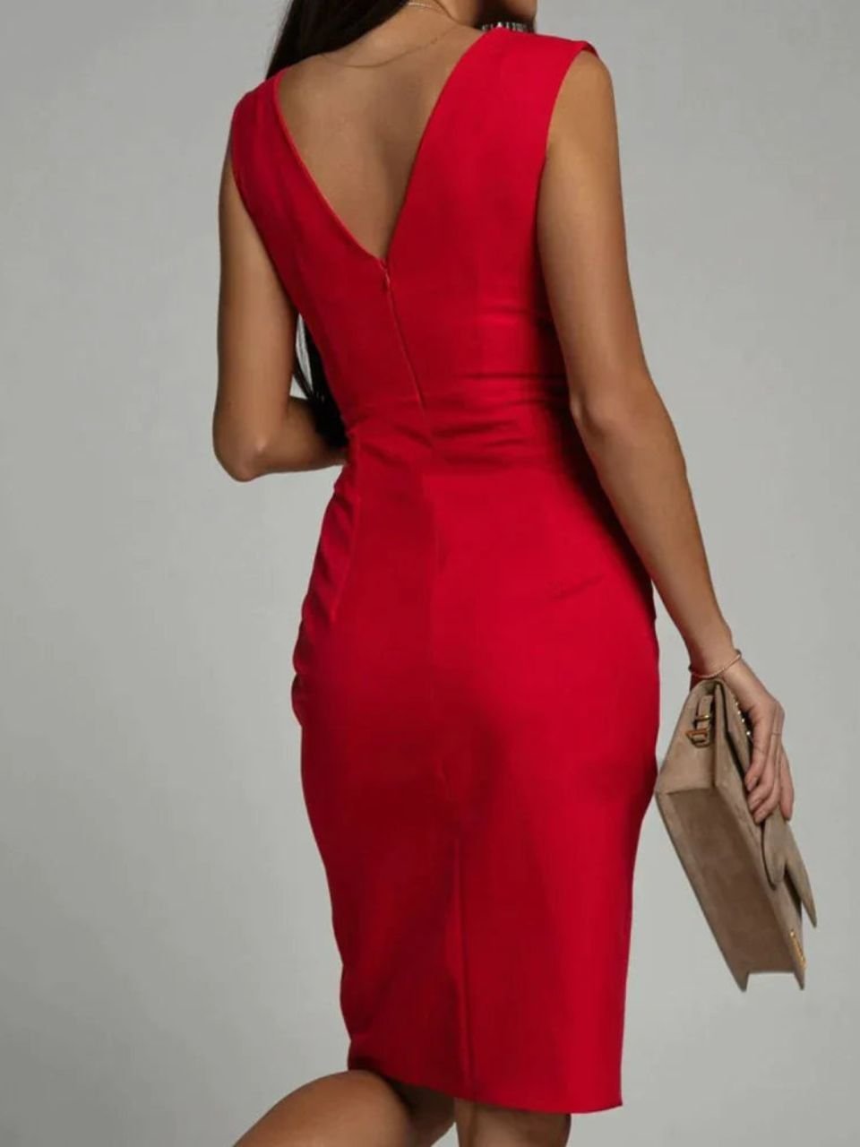 Sophisticated women's bodycon midi dress with elegant V-neck & high side slit. Perfect party outfit.