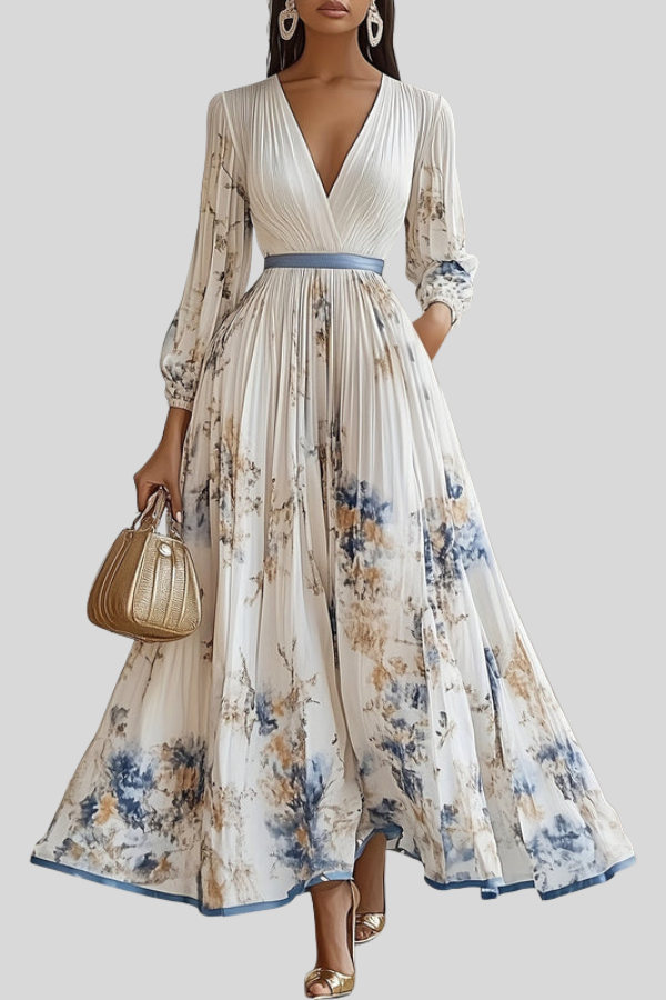 Elegant women's bohemian pleated midi dress with puff sleeves & V-neck, perfect for summer casual or occasion wear.