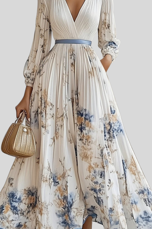 Romantic women's bohemian midi dress, pleated design, featuring stylish puff sleeves and a flattering V-neck.