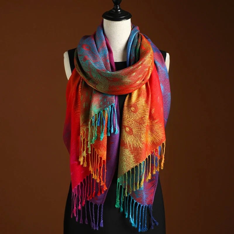 Elegant women's bohemian shawl with vibrant red & blue peacock pattern and delicate fringe. Versatile wrap.