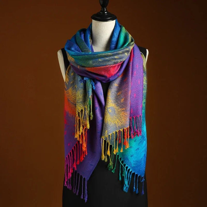 Soft blend women's wrap, featuring an intricate peacock pattern & fringe. Perfect elegant bohemian accessory.