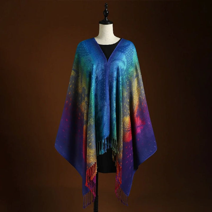 Stylish women's bohemian shawl wrap with beautiful red & blue peacock print and elegant fringed edges.