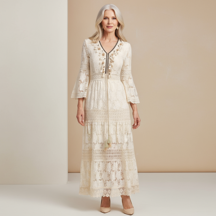 Elegant women's boho lace maxi dress, perfect for summer occasions & chic vacation wear. Flowy, relaxed fit.