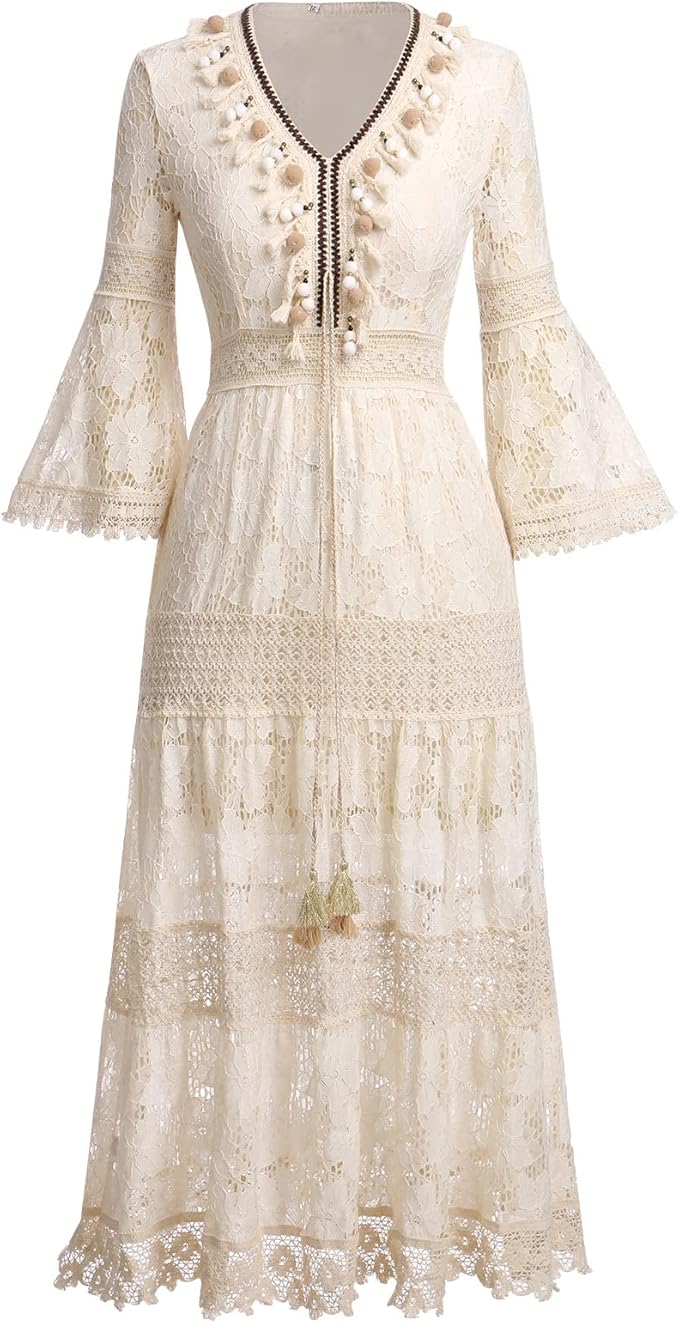 Bohemian women's lace maxi dress with intricate detailing, ideal for beach, evening, or summer events. Chic & flowy.