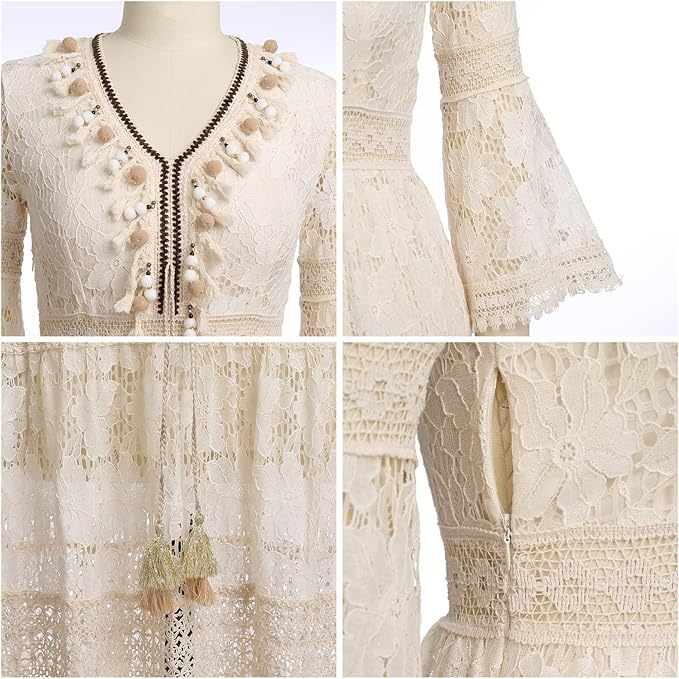 Elegant women's lace maxi dress, bohemian style. Ideal as a flowy summer dress for vacation or occasion wear.