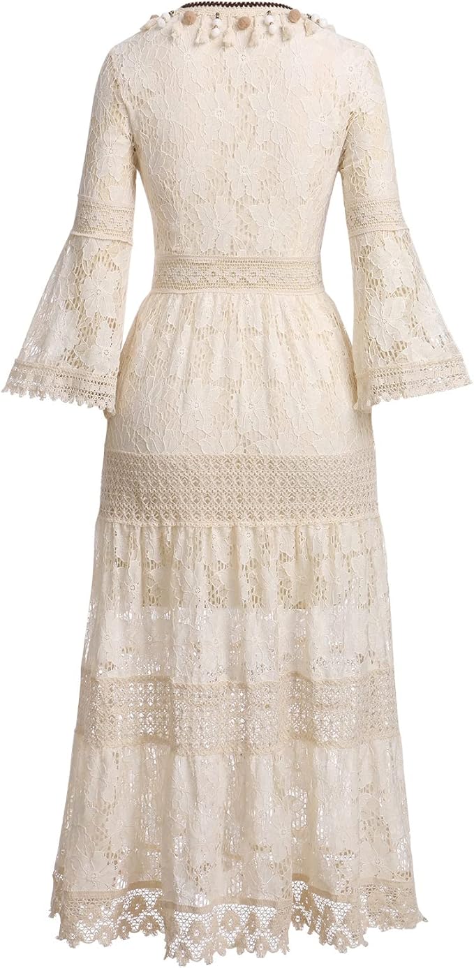 Women's boho lace maxi dress, elegant and flowy. A chic summer dress for vacation, beach, or evening wear.