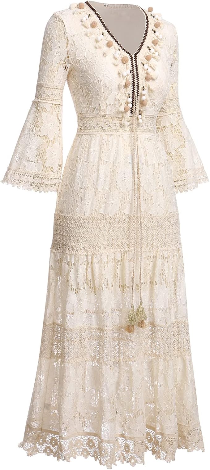 Boho chic women's lace maxi dress, elegant & flowy. Perfect as a summer beach dress or for special occasions.