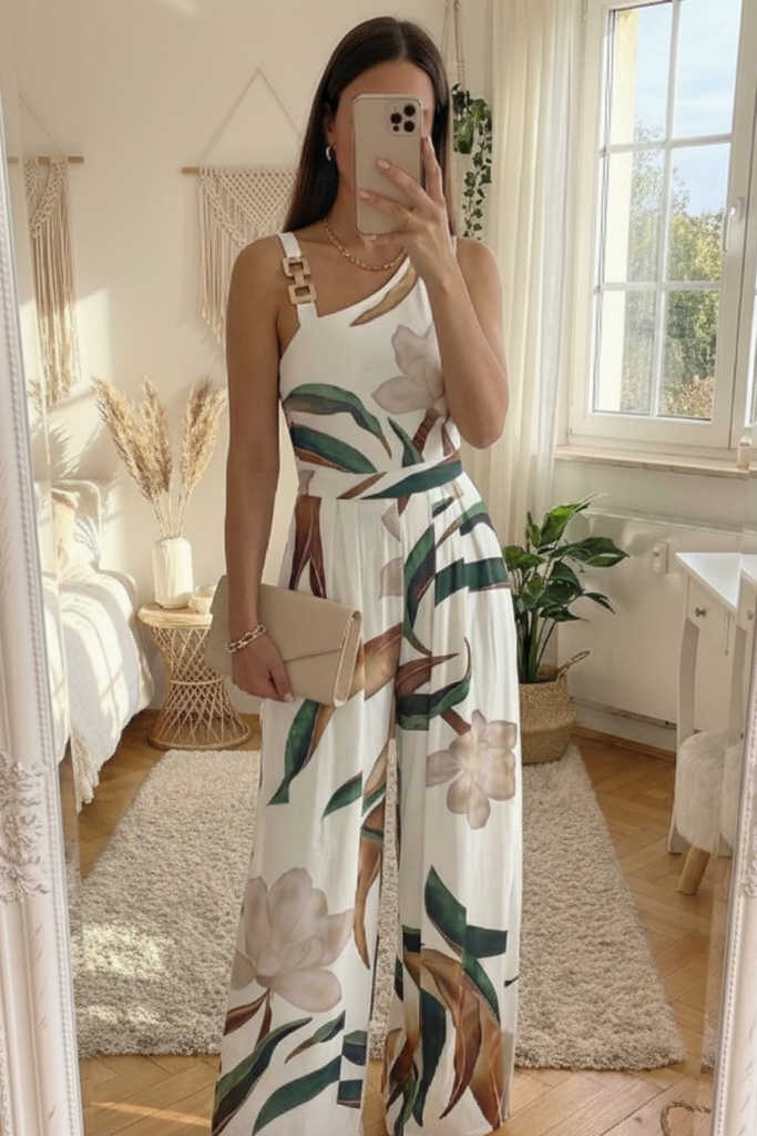 Elegant women's botanical print wide leg jumpsuit, perfect for summer parties & vacation. V-neck floral design.