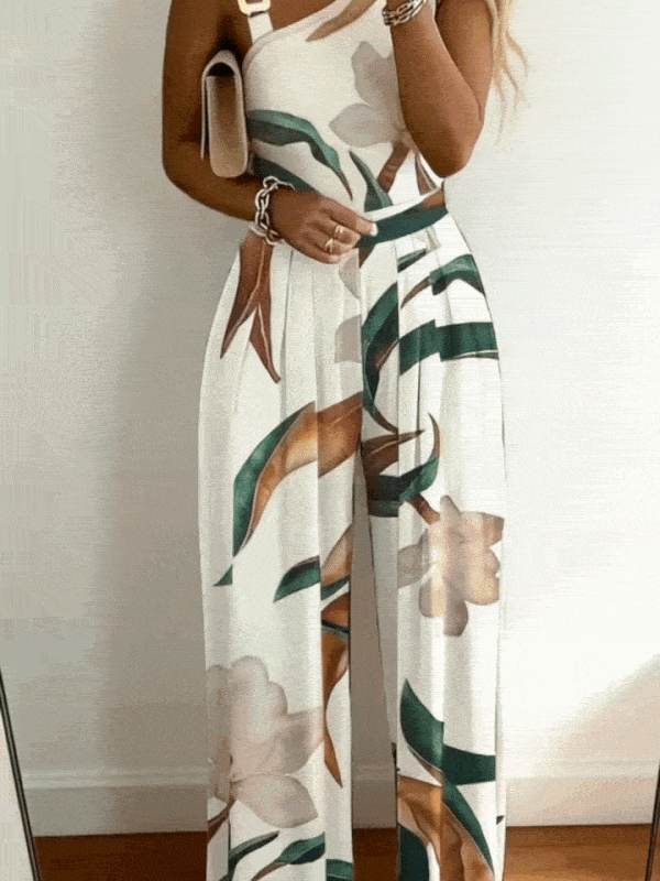 Vibrant women's botanical wide leg jumpsuit, featuring an elegant floral print and V-neck, ideal for day-to-night fashion.