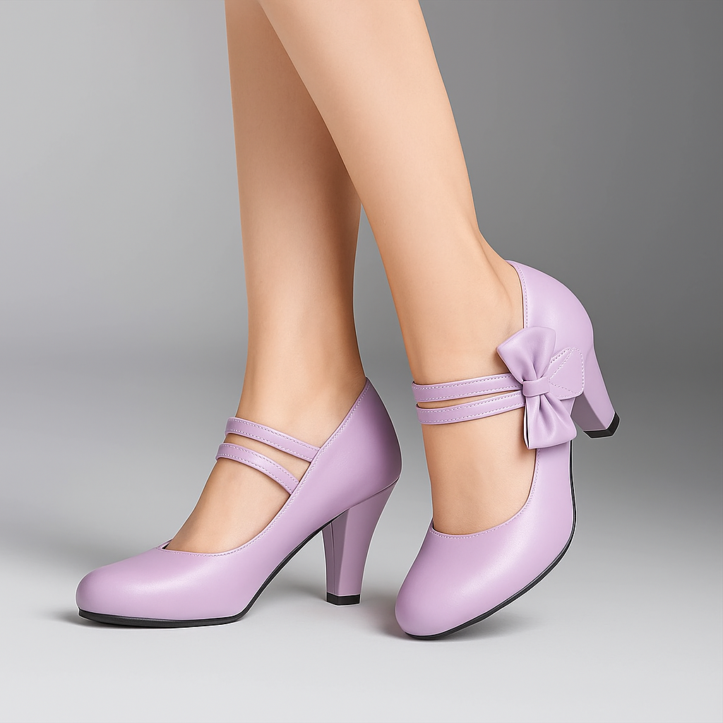 Stylish & comfortable women's block heels with an elegant bow accent and secure ankle strap.