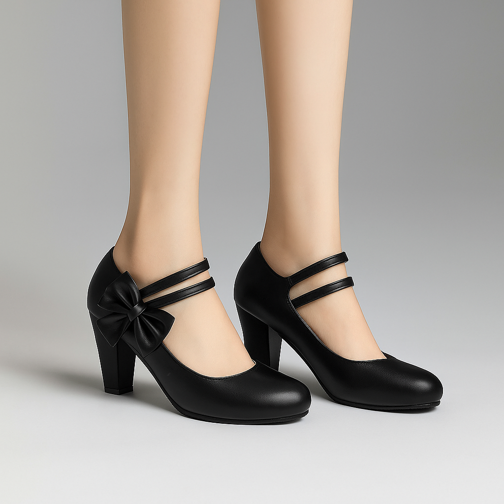 Comfortable block heels for women, designed with an elegant bow and secure ankle strap for all-day wear.