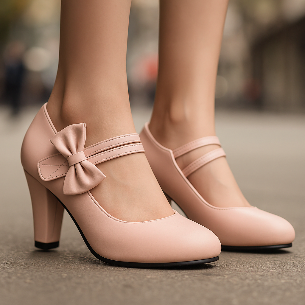 Versatile women's elegant bow block heels, suitable for casual outfits or dressy occasions.