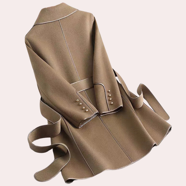 Stylish brown belted women's jacket, a structured fall/spring coat for elegant office attire or fashion outings.