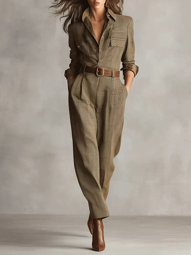 Elegant women's brown belted jumpsuit. Perfect for office wear or chic travel outfit. Button-down, sophisticated style.