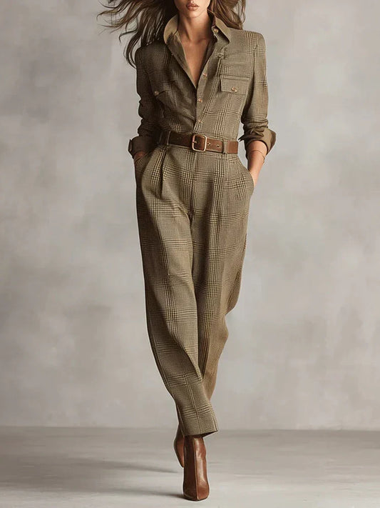 Elegant women's brown belted jumpsuit. Perfect for office wear or chic travel outfit. Button-down, sophisticated style.