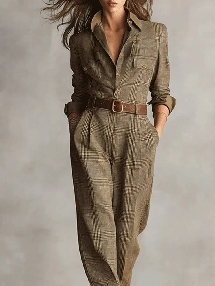 Casual yet elegant women's brown jumpsuit with belted waist. Versatile for workwear, office fashion, or travel.