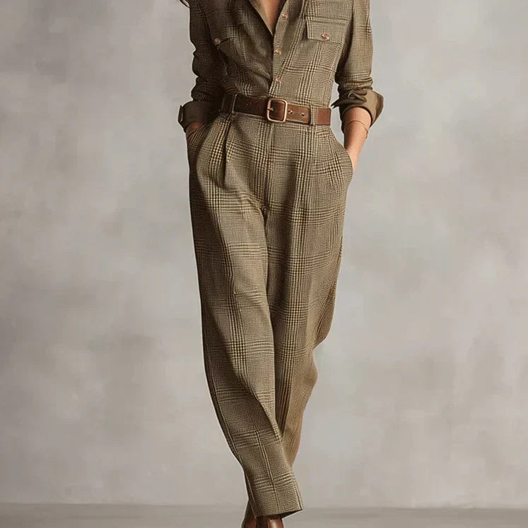Sophisticated women's brown button-down jumpsuit with an elegant belted waist. Ideal for chic workwear & travel.