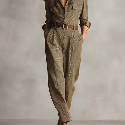Sophisticated women's brown button-down jumpsuit with an elegant belted waist. Ideal for chic workwear & travel.