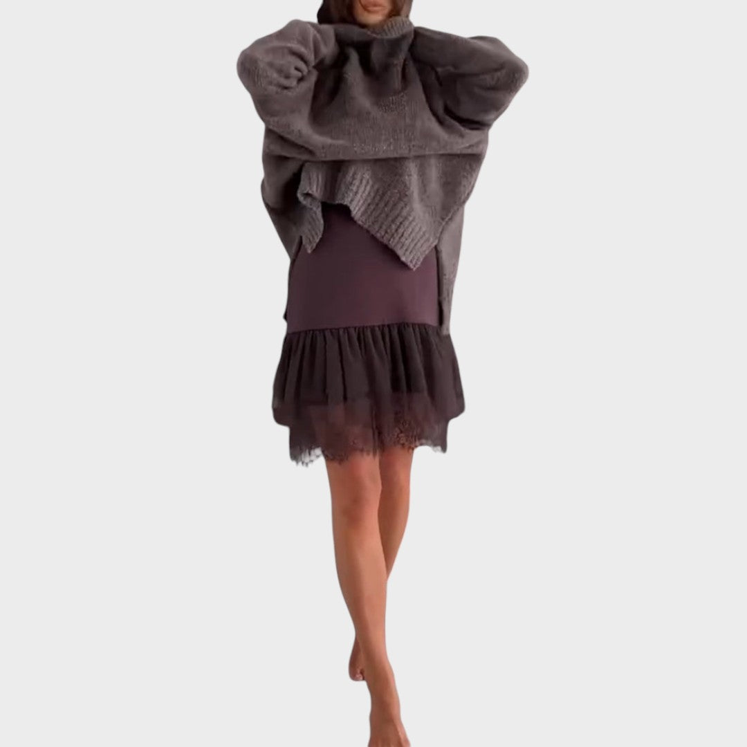 Brown women's sweater and matching slip dress set. A chic two-piece outfit for elegant autumn and winter style.
