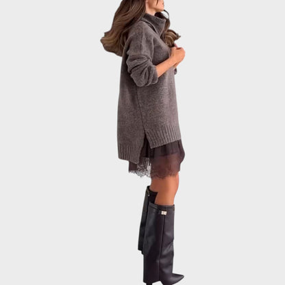 Casual elegant women's brown two-piece outfit: a warm sweater & slip dress set. Perfect for versatile autumn style.