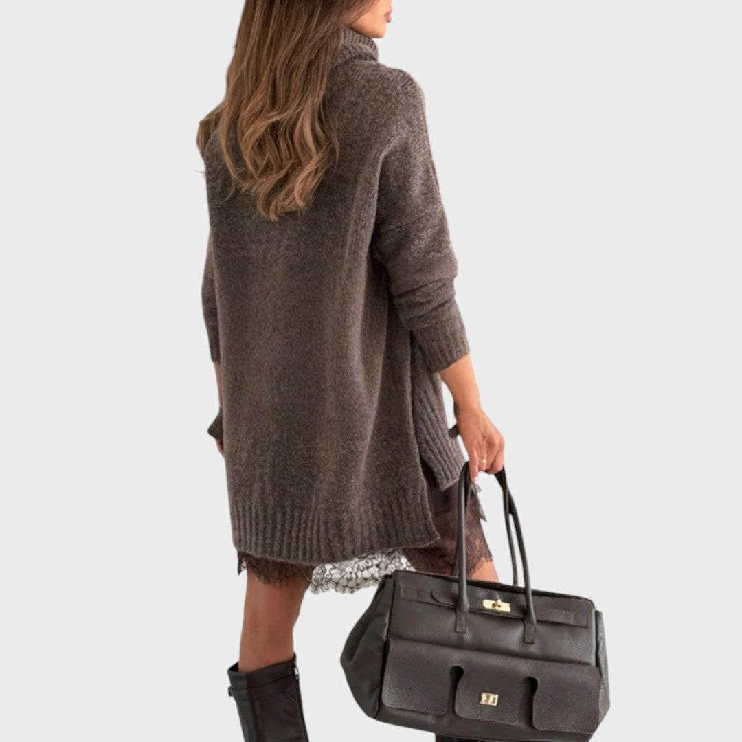 Women's elegant brown sweater and slip dress set. A cozy two-piece outfit, ideal for autumn and winter fashion.